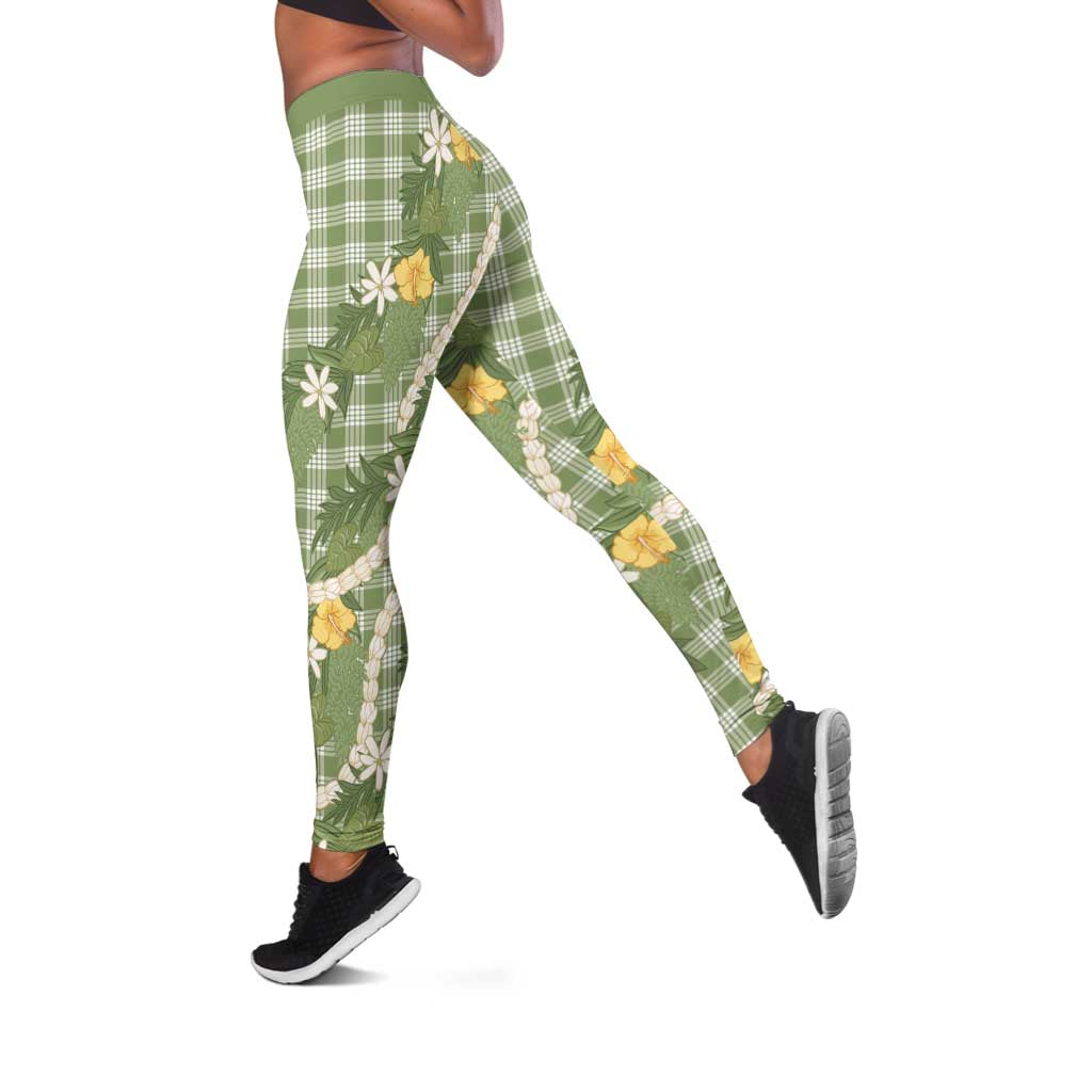 Aloha Puakenikeni Anthurium Pikake Lei Leggings Green Hawaiian Palaka Pattern
