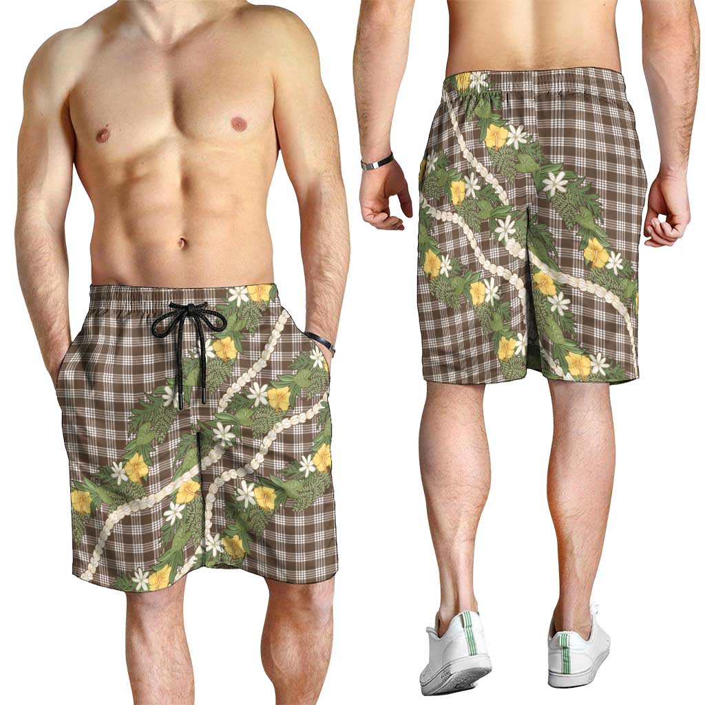 Aloha Puakenikeni Anthurium Pikake Lei Shorts for Men Chocolate Hawaiian Palaka Pattern