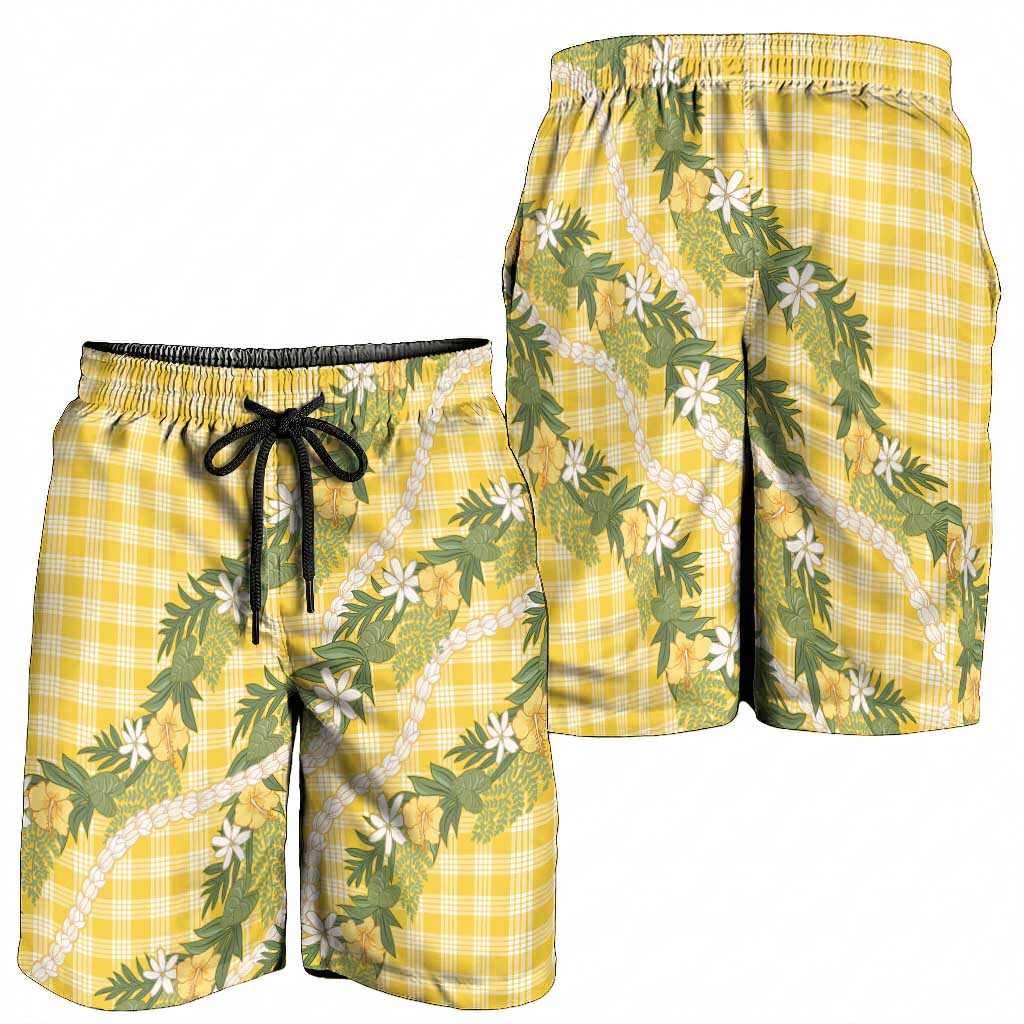 Aloha Puakenikeni Anthurium Pikake Lei Shorts for Men Gold Hawaiian Palaka Pattern LT9 - Polynesian Pride