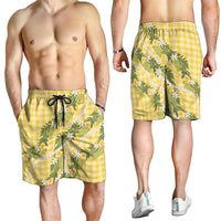 Aloha Puakenikeni Anthurium Pikake Lei Shorts for Men Gold Hawaiian Palaka Pattern LT9 - Polynesian Pride