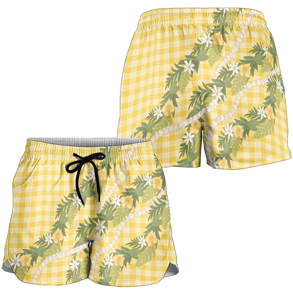 Aloha Puakenikeni Anthurium Pikake Lei Shorts for Women Gold Hawaiian Palaka Pattern