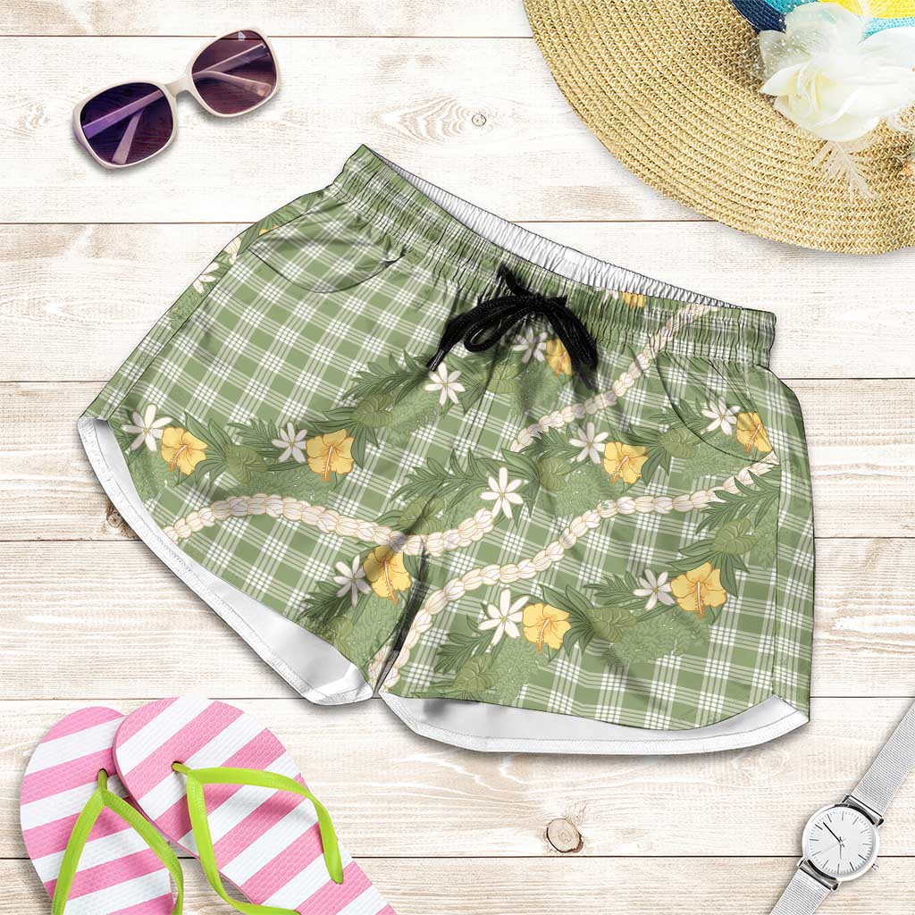Aloha Puakenikeni Anthurium Pikake Lei Shorts for Women Green Hawaiian Palaka Pattern
