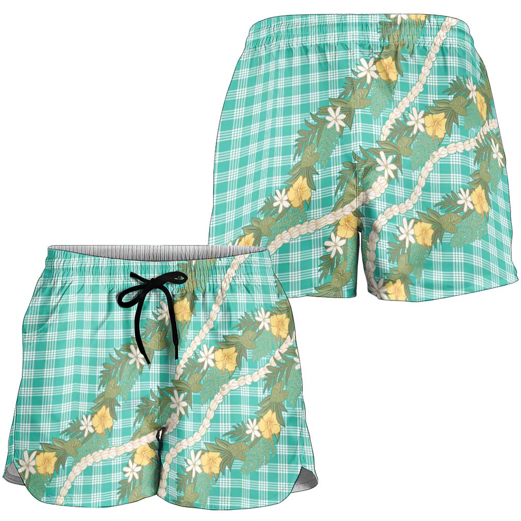 Aloha Puakenikeni Anthurium Pikake Lei Shorts for Women Marine Hawaiian Palaka Pattern