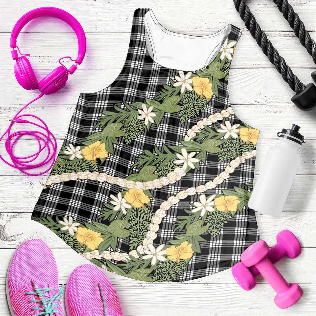 Aloha Puakenikeni Anthurium Pikake Lei Women Racerback Tank Black Hawaiian Palaka Pattern