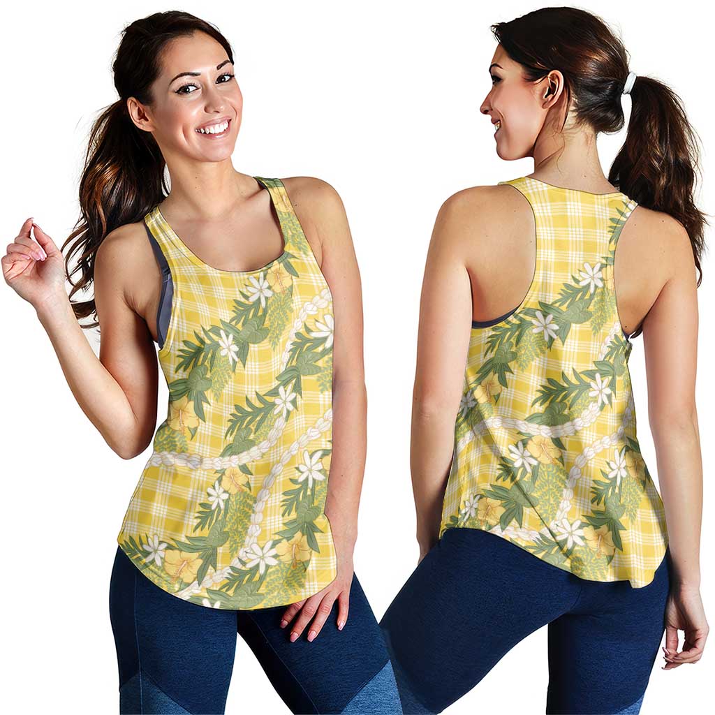 Aloha Puakenikeni Anthurium Pikake Lei Women Racerback Tank Gold Hawaiian Palaka Pattern