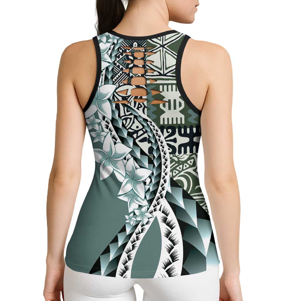 Aloha Vintage Plumeria Hawaiian Tapa Pattern Hollow Tank Top Dark Turquoise Hawaiian Tapa Pattern - Polynesian Pride