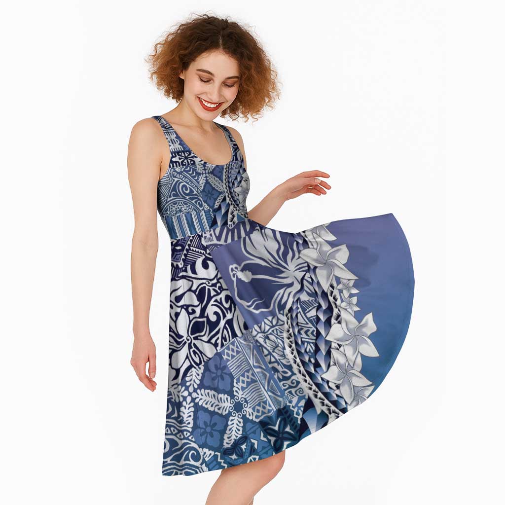 Aloha Vintage Plumeria Hawaiian Tapa Pattern Midi Dress Blue Hawaiian Tapa Pattern - Polynesian Pride