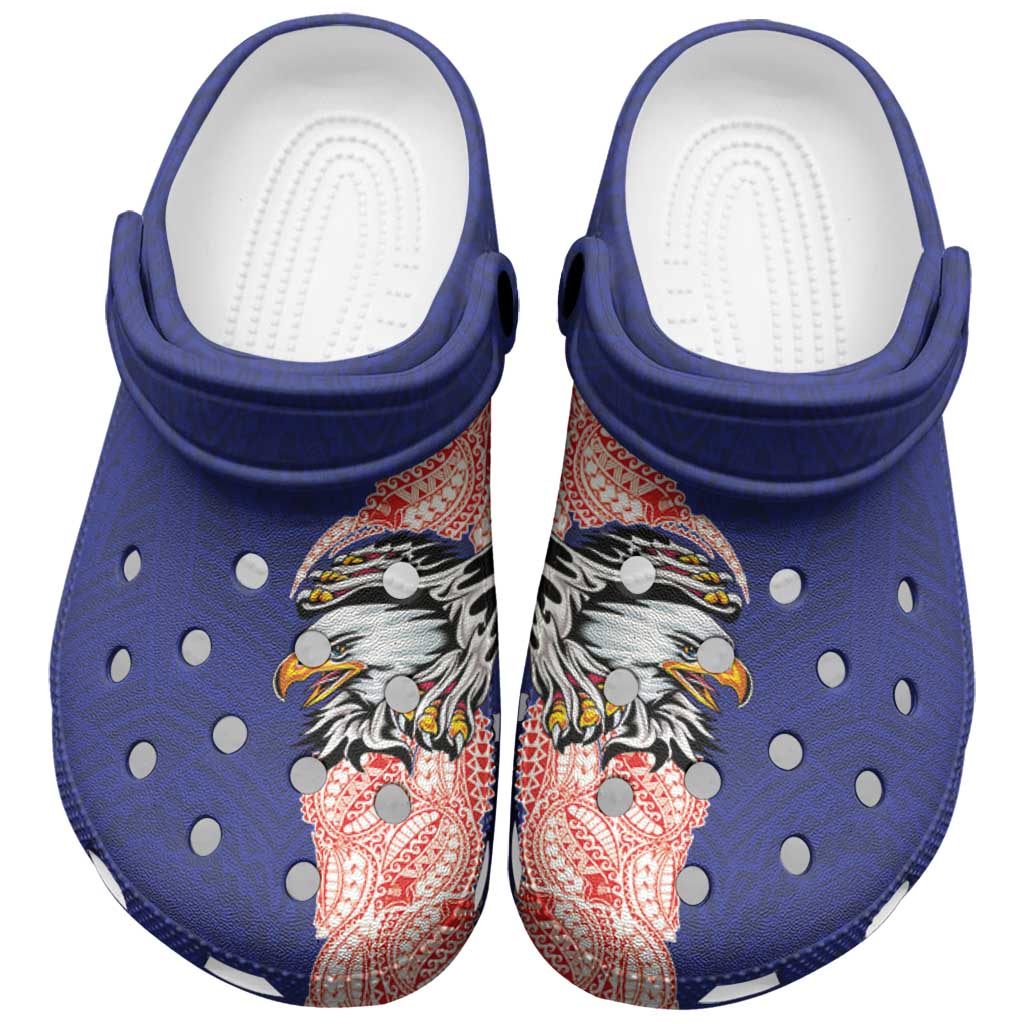 American Samoa Clogs Shoes Tribal Tattoo with Eagle Blue-Red LT03 Blue - Polynesian Pride