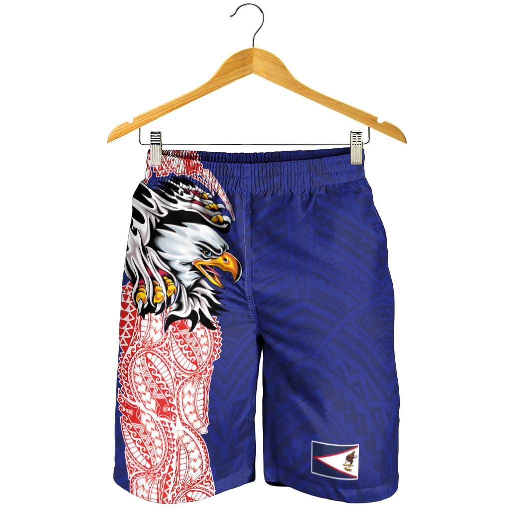American Samoa Shorts for Men Tribal Tattoo with Eagle Blue-Red LT03 - Polynesian Pride