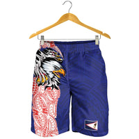 American Samoa Shorts for Men Tribal Tattoo with Eagle Blue-Red LT03 - Polynesian Pride