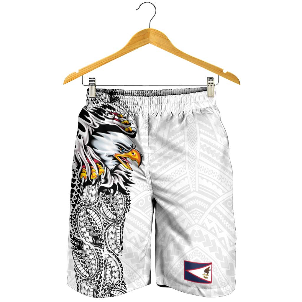 American Samoa Shorts for Men Tribal Tattoo with Eagle White LT03 - Polynesian Pride