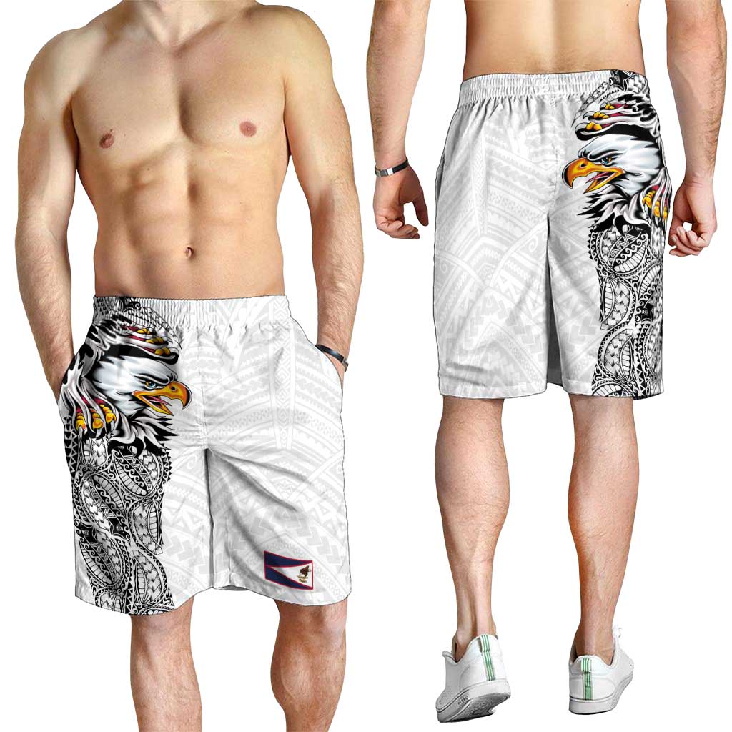 American Samoa Shorts for Men Tribal Tattoo with Eagle White LT03 - Polynesian Pride