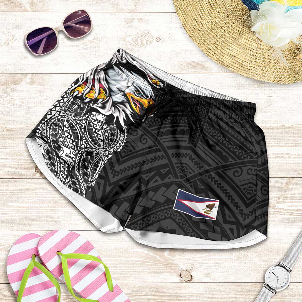 American Samoa Shorts for Women Tribal Tattoo with Eagle Black