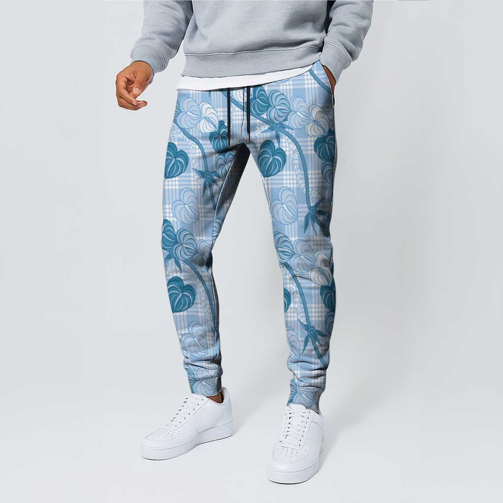 Anthurium Pikake Ti Leaf Palaka Jogger Pants Blue Version LT01 - Polynesian Pride