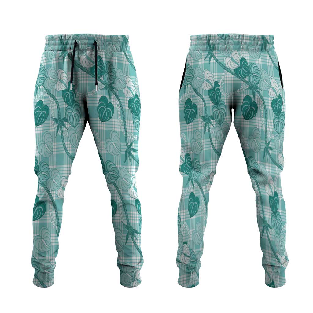 Anthurium Pikake Ti Leaf Palaka Jogger Pants Turquoise Version LT01 Turquoise - Polynesian Pride