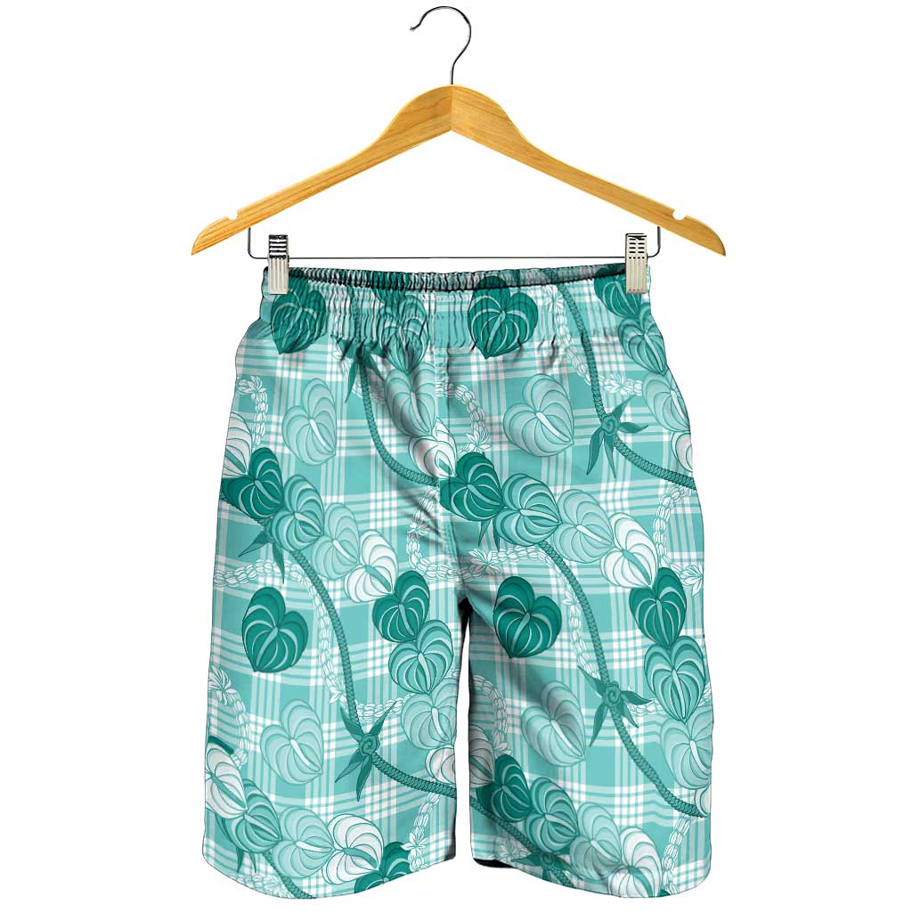 Anthurium Pikake Ti Leaf Palaka Shorts for Men Turquoise Version LT01 - Polynesian Pride
