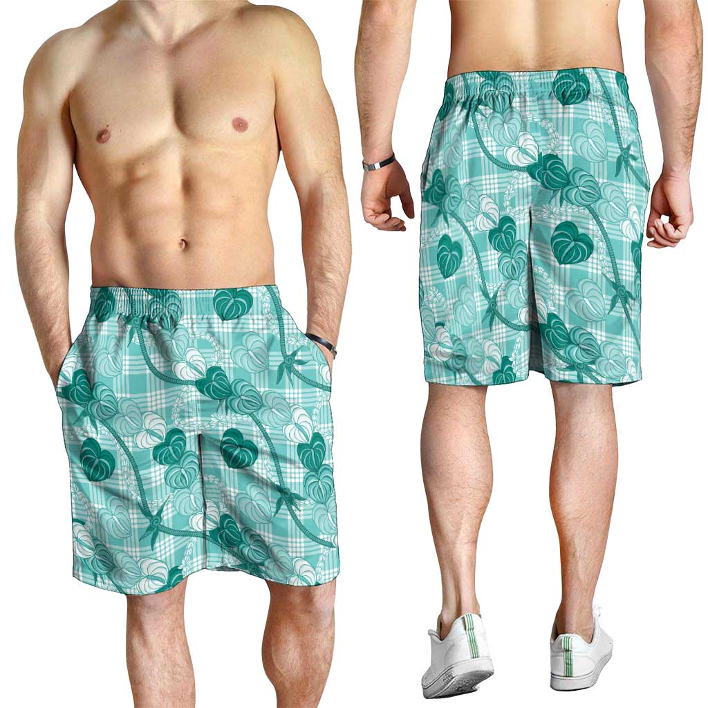 Anthurium Pikake Ti Leaf Palaka Shorts for Men Turquoise Version LT01 - Polynesian Pride