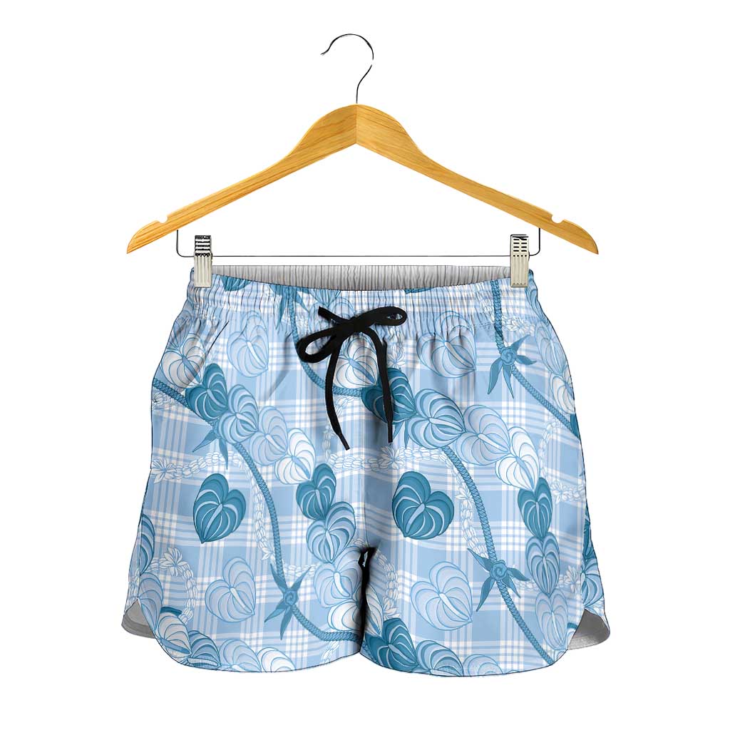 Anthurium Pikake Ti Leaf Palaka Shorts for Women Blue Version LT01 - Polynesian Pride