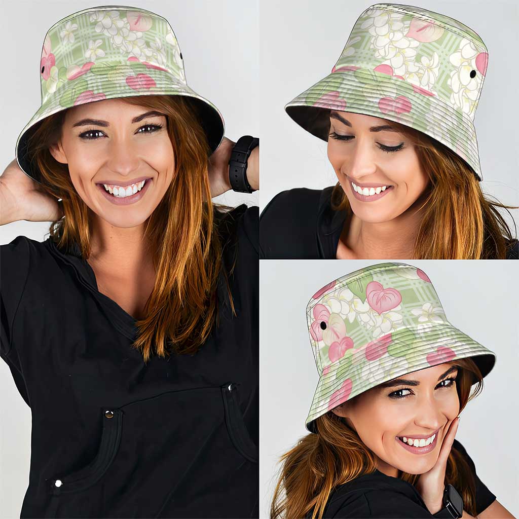 Anthurium Plumeria Lei Pastel Bucket Hat Green Hawaiian Splendid Palaka