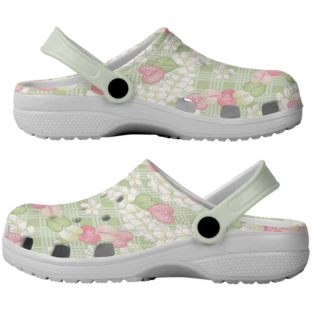 Anthurium Plumeria Lei Pastel Clogs Shoes Green Hawaiian Splendid Palaka