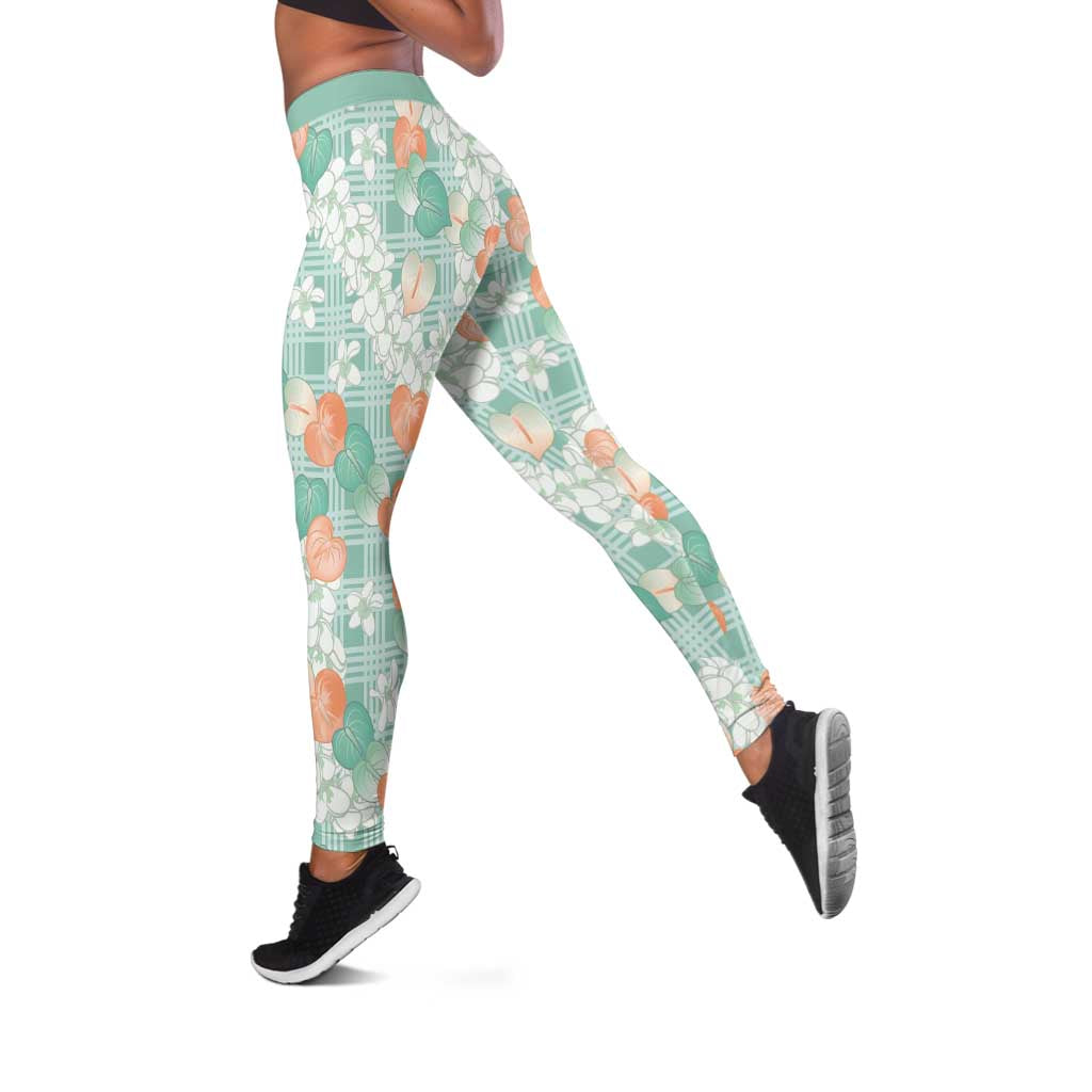 Anthurium Plumeria Lei Pastel Leggings Teal Hawaiian Splendid Palaka