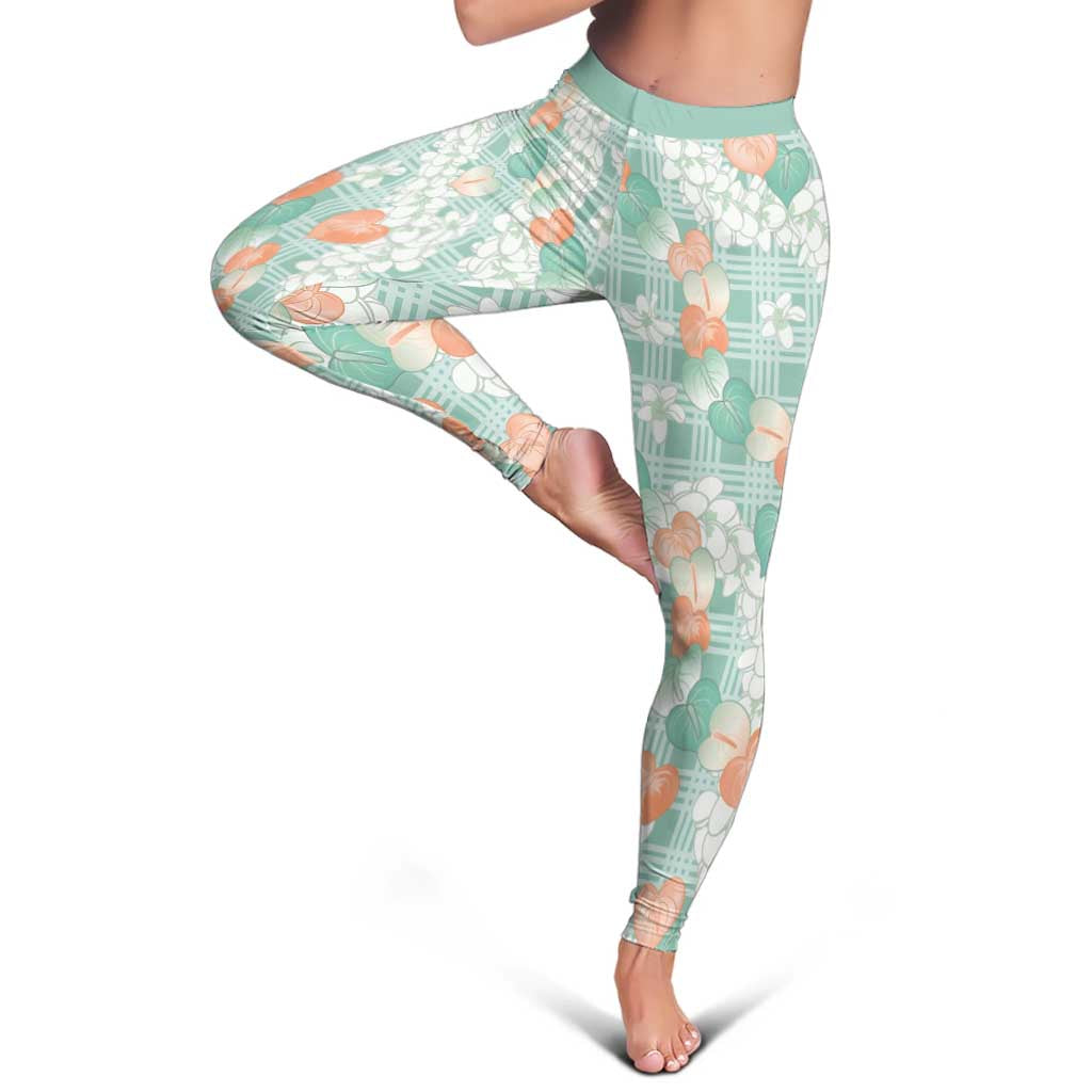 Anthurium Plumeria Lei Pastel Leggings Teal Hawaiian Splendid Palaka