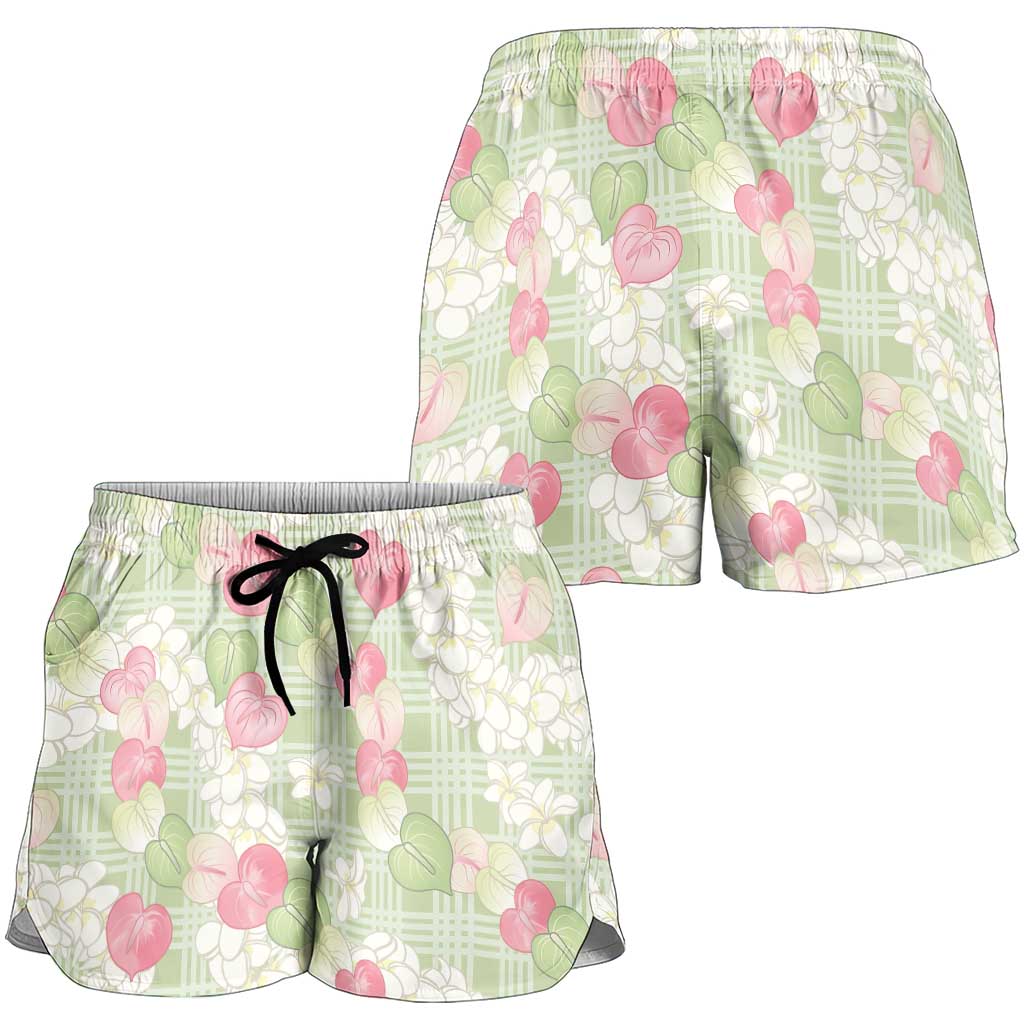 Anthurium Plumeria Lei Pastel Shorts for Women Green Hawaiian Splendid Palaka