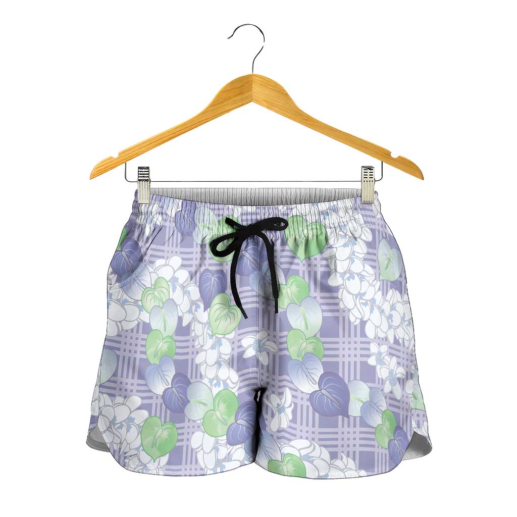 Anthurium Plumeria Lei Pastel Shorts for Women Purple Hawaiian Splendid Palaka