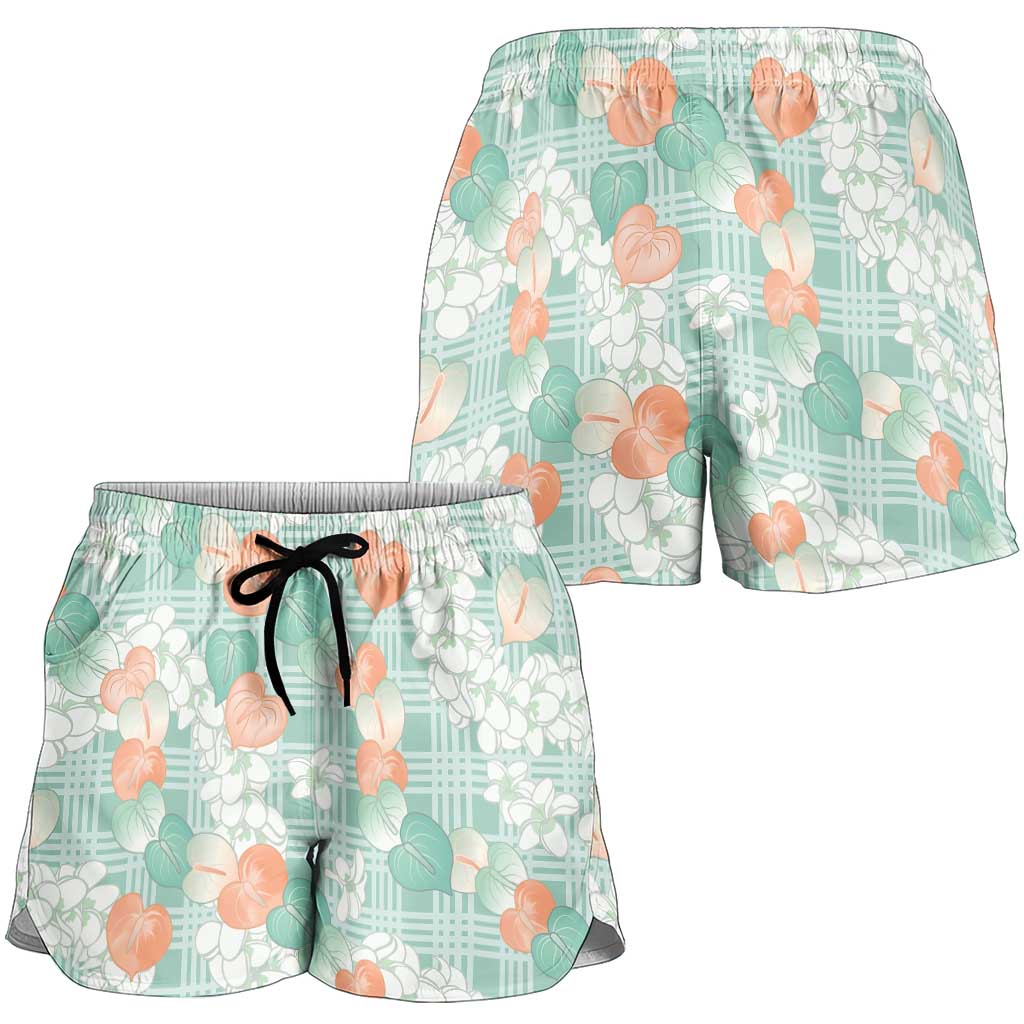 Anthurium Plumeria Lei Pastel Shorts for Women Teal Hawaiian Splendid Palaka