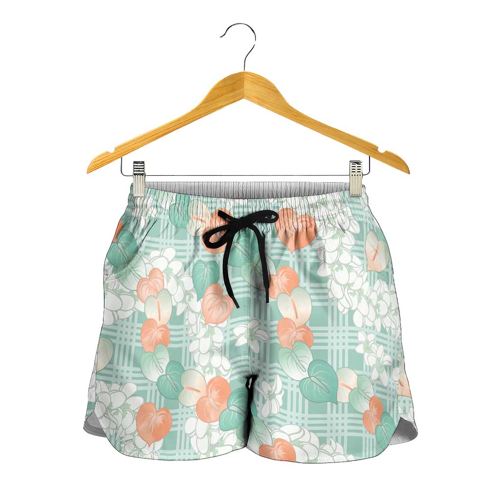 Anthurium Plumeria Lei Pastel Shorts for Women Teal Hawaiian Splendid Palaka