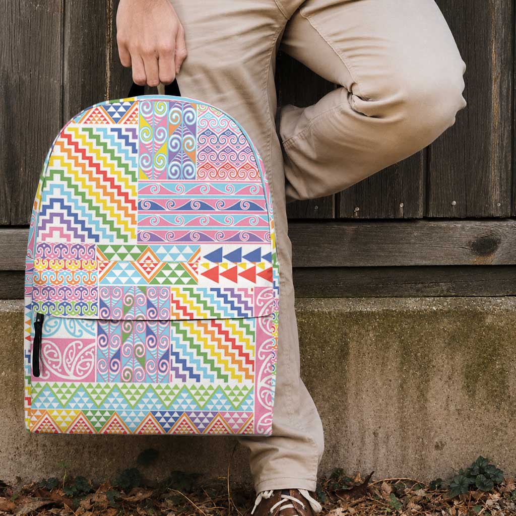 Aotearoa Kowhaiwhai Taniko Patchwork Rainbow Motifs Backpack