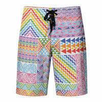 Aotearoa Kowhaiwhai Taniko Patchwork Rainbow Motifs Board Shorts