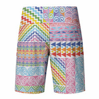 Aotearoa Kowhaiwhai Taniko Patchwork Rainbow Motifs Board Shorts