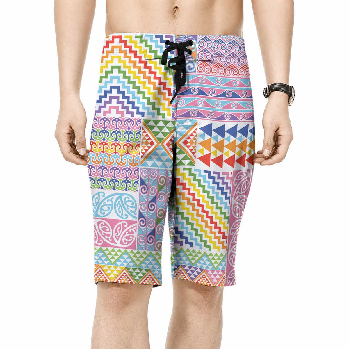 Aotearoa Kowhaiwhai Taniko Patchwork Rainbow Motifs Board Shorts