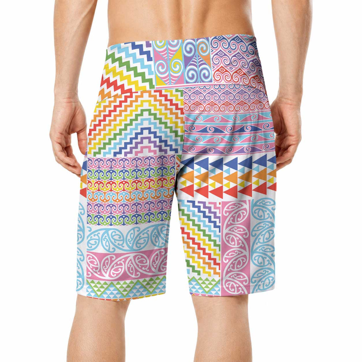 Aotearoa Kowhaiwhai Taniko Patchwork Rainbow Motifs Board Shorts