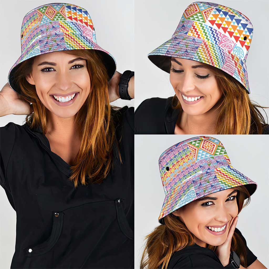 Aotearoa Kowhaiwhai Taniko Patchwork Rainbow Motifs Bucket Hat