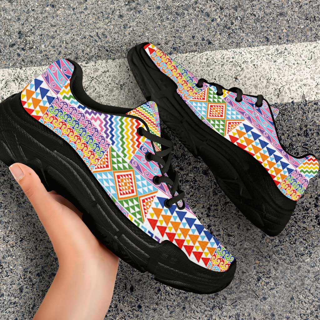 Aotearoa Kowhaiwhai Taniko Patchwork Rainbow Motifs Chunky Sneakers