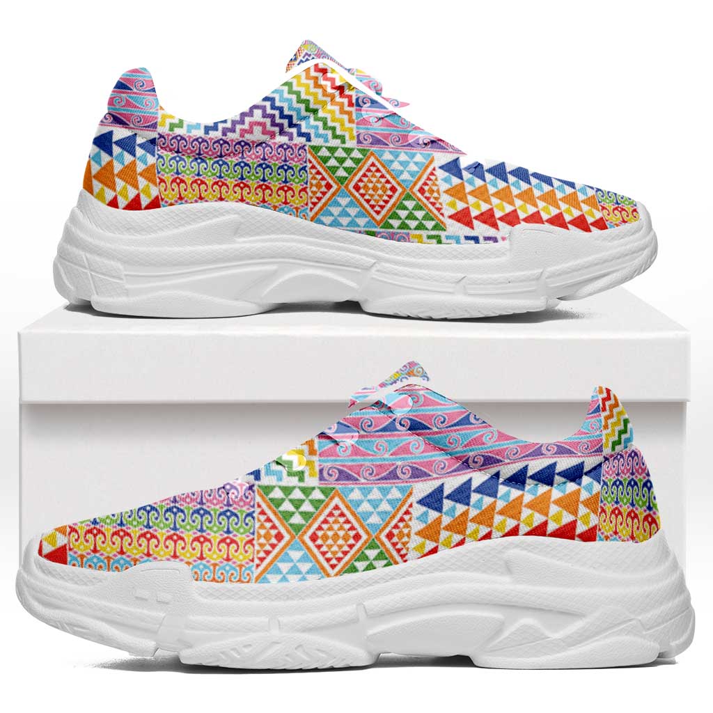 Aotearoa Kowhaiwhai Taniko Patchwork Rainbow Motifs Chunky Sneakers