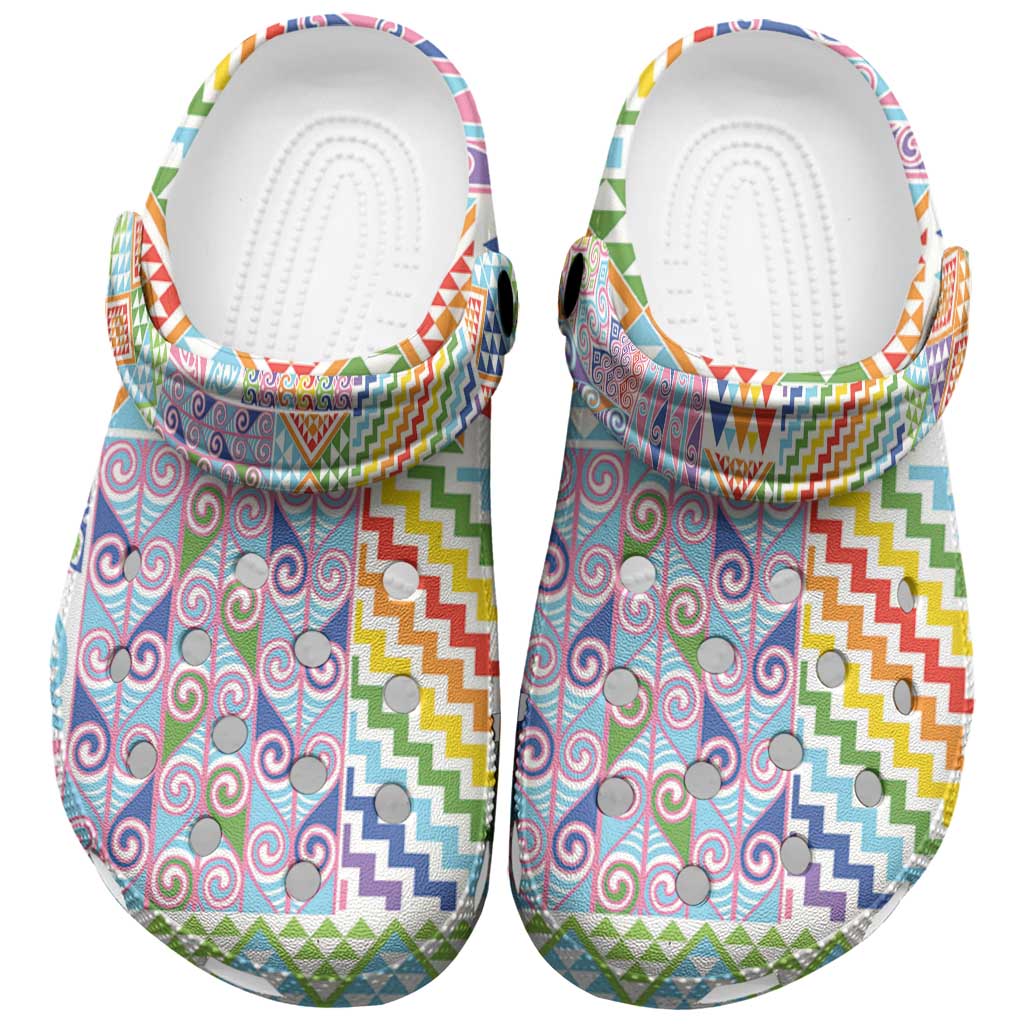 Aotearoa Kowhaiwhai Taniko Patchwork Rainbow Motifs Clogs Shoes