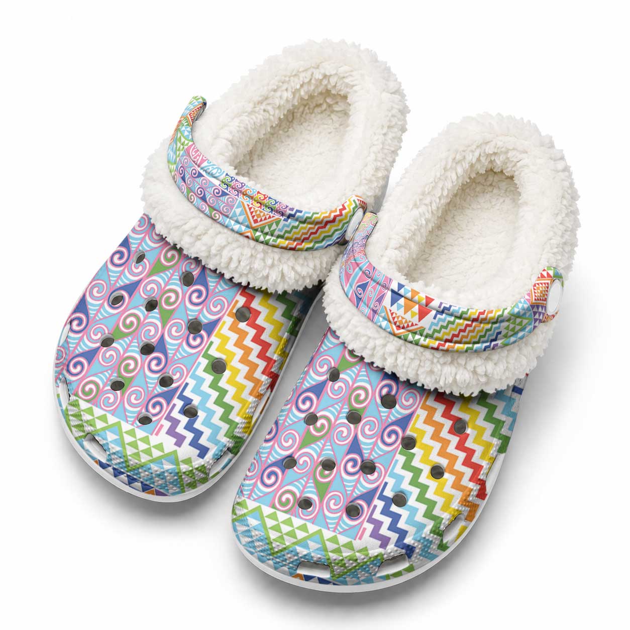 Aotearoa Kowhaiwhai Taniko Patchwork Rainbow Motifs Fleece Clogs
