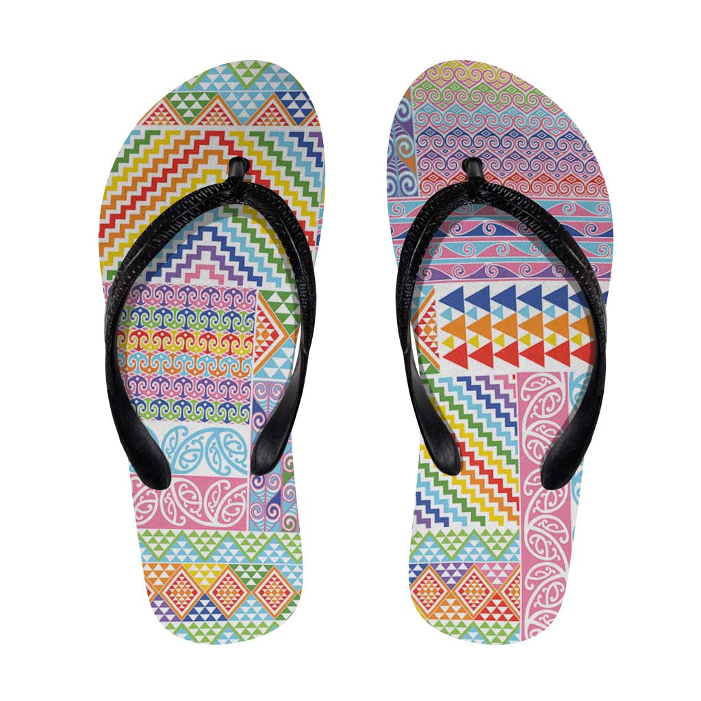 Aotearoa Kowhaiwhai Taniko Patchwork Rainbow Motifs Flip Flops