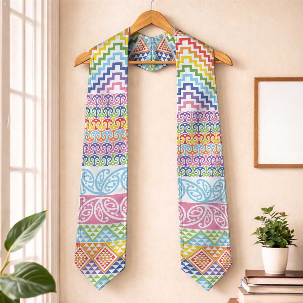 Aotearoa Kowhaiwhai Taniko Patchwork Rainbow Motifs Graduation Stole