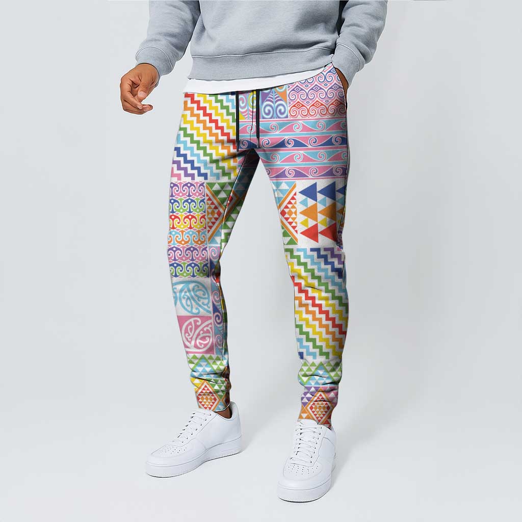 Aotearoa Kowhaiwhai Taniko Patchwork Rainbow Motifs Jogger Pants