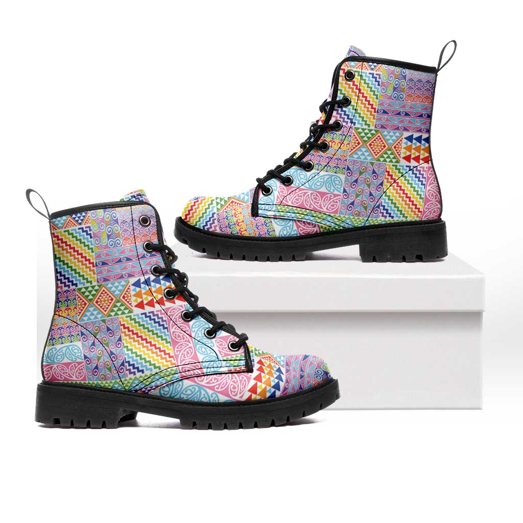 Aotearoa Kowhaiwhai Taniko Patchwork Rainbow Motifs Leather Boots