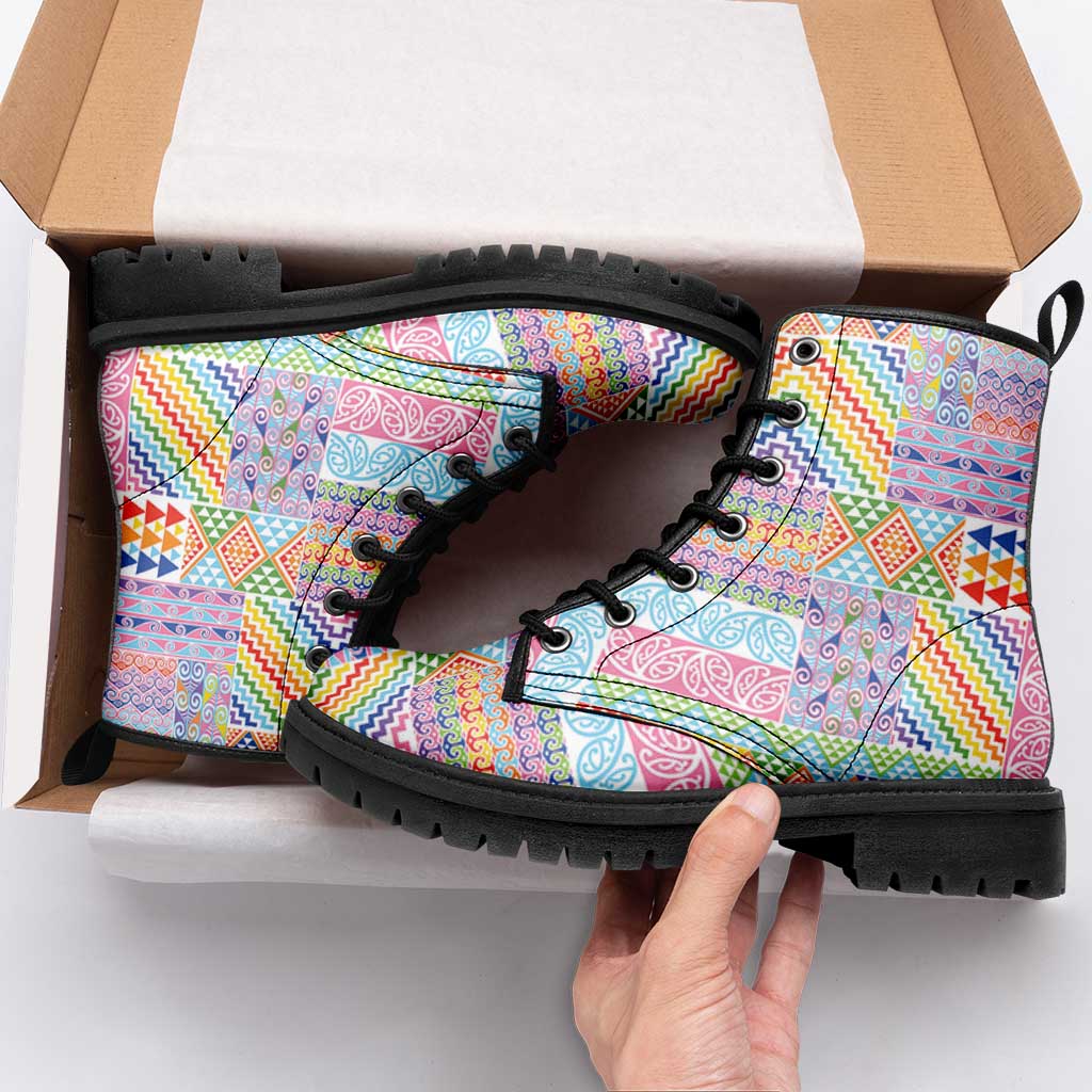 Aotearoa Kowhaiwhai Taniko Patchwork Rainbow Motifs Leather Boots
