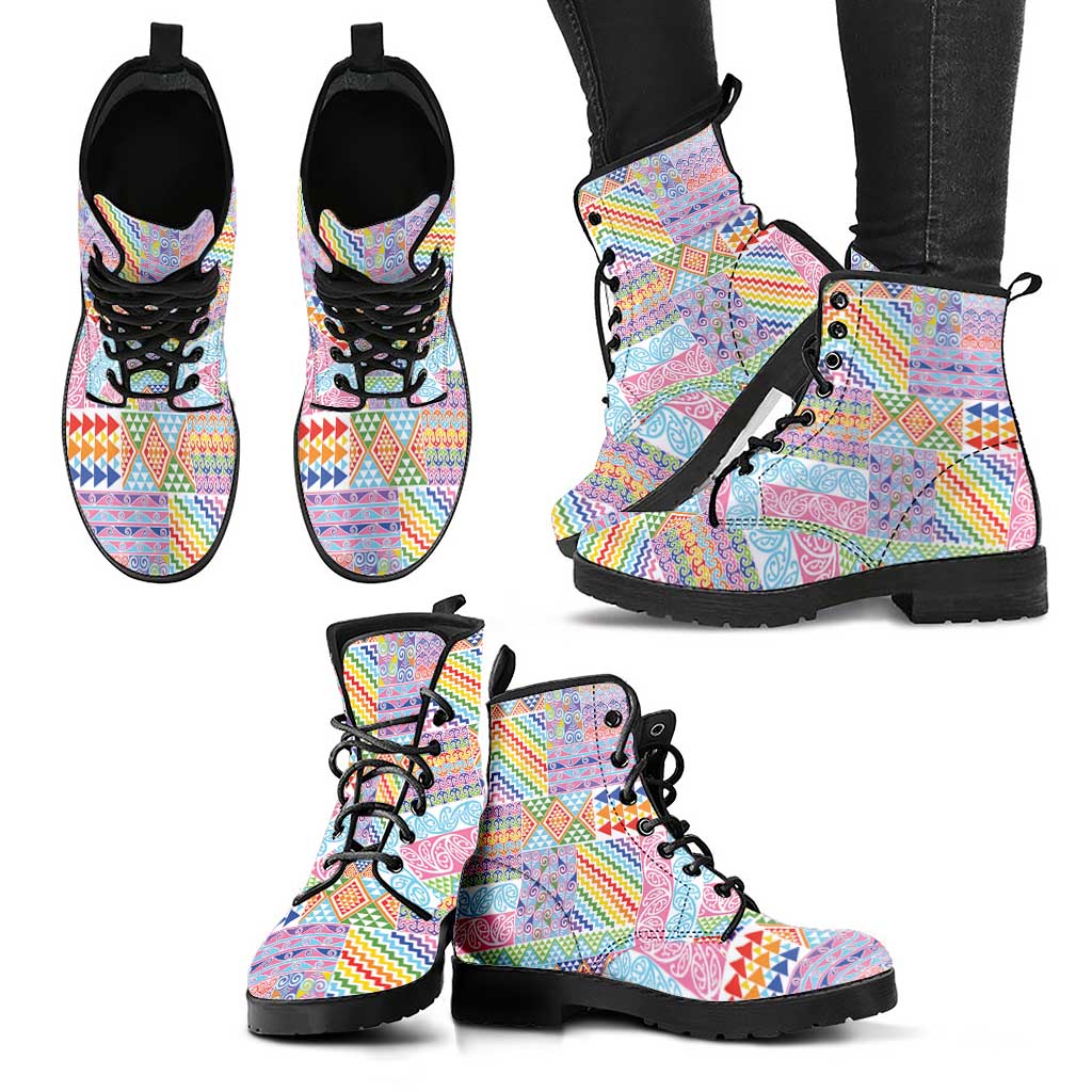 Aotearoa Kowhaiwhai Taniko Patchwork Rainbow Motifs Leather Boots