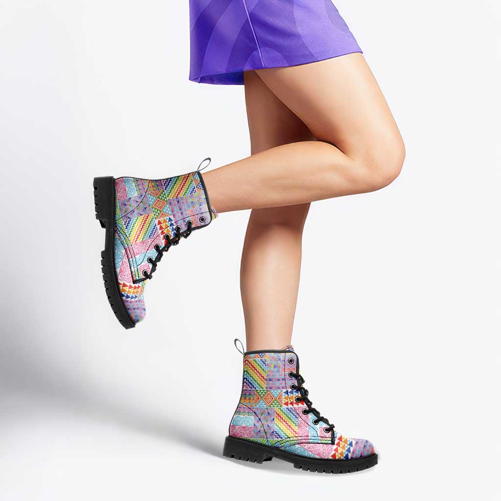 Aotearoa Kowhaiwhai Taniko Patchwork Rainbow Motifs Leather Boots