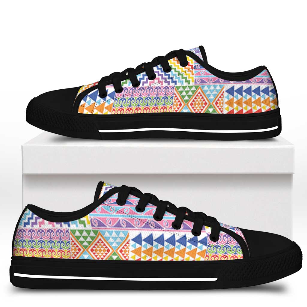 Aotearoa Kowhaiwhai Taniko Patchwork Rainbow Motifs Low Top Shoes