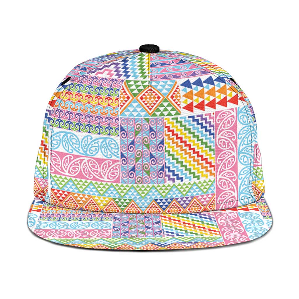 Aotearoa Kowhaiwhai Taniko Patchwork Rainbow Motifs Snapback Cap LT9 One Size Rainbow - Polynesian Pride