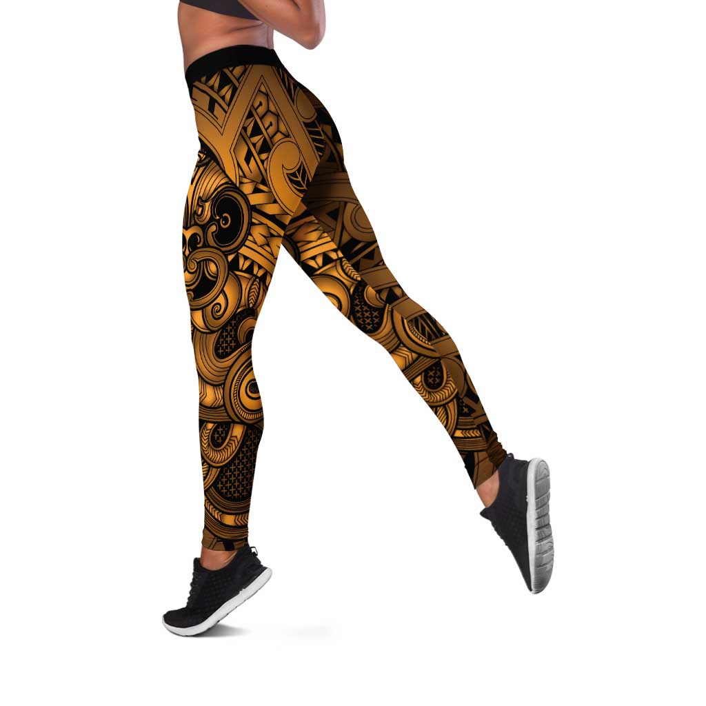 Aotearoa Maori Hei Tiki Leggings Koura Kowhaiwhai Puhoro Motif LT9 Gold - Polynesian Pride